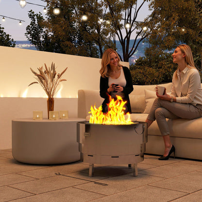 Outsunny Stainless Steel Wood-burning Fire Pit with Fire Poker - Silver
