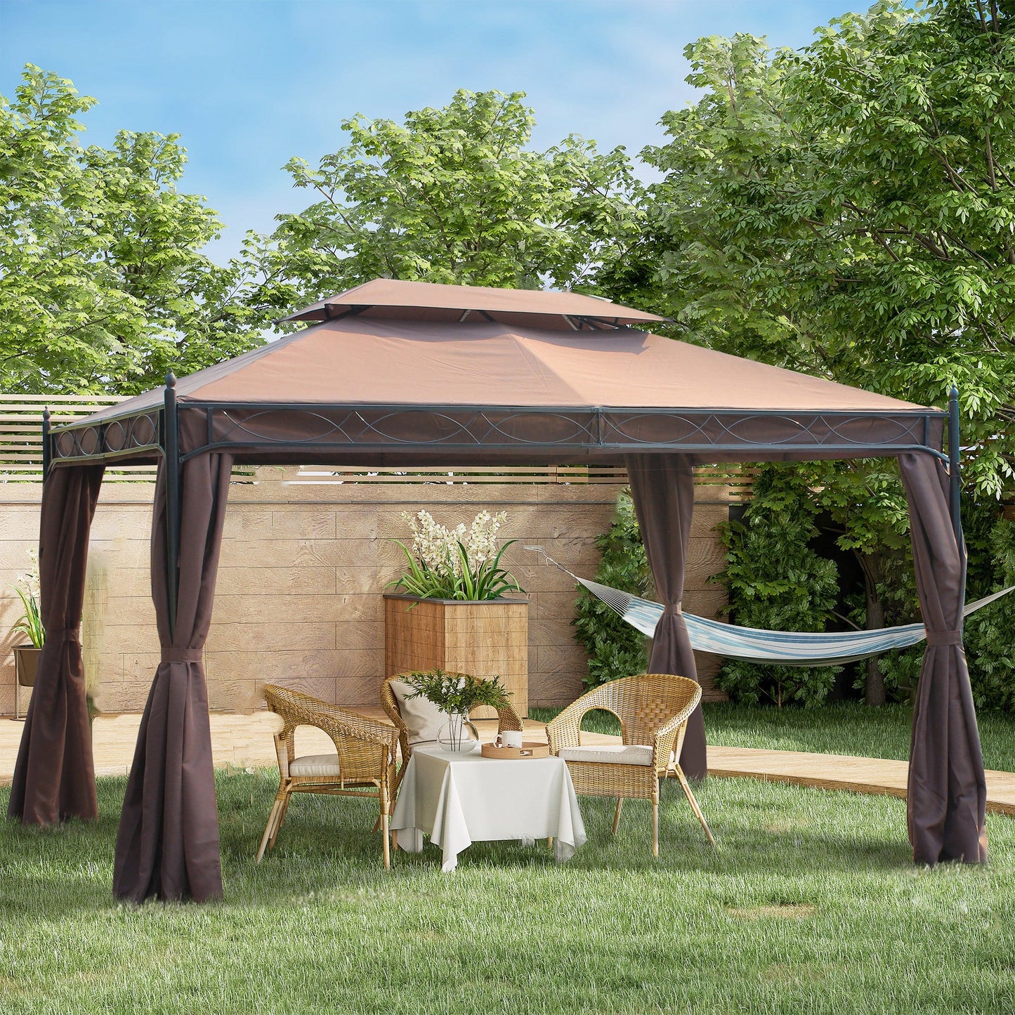 Outsunny 3 x 4m Garden Gazebo, Double Roof Marquee Canopy Shelter with Sidewalls, Solid Steel Frame for Garden, Lawn, Backyard and Deck
