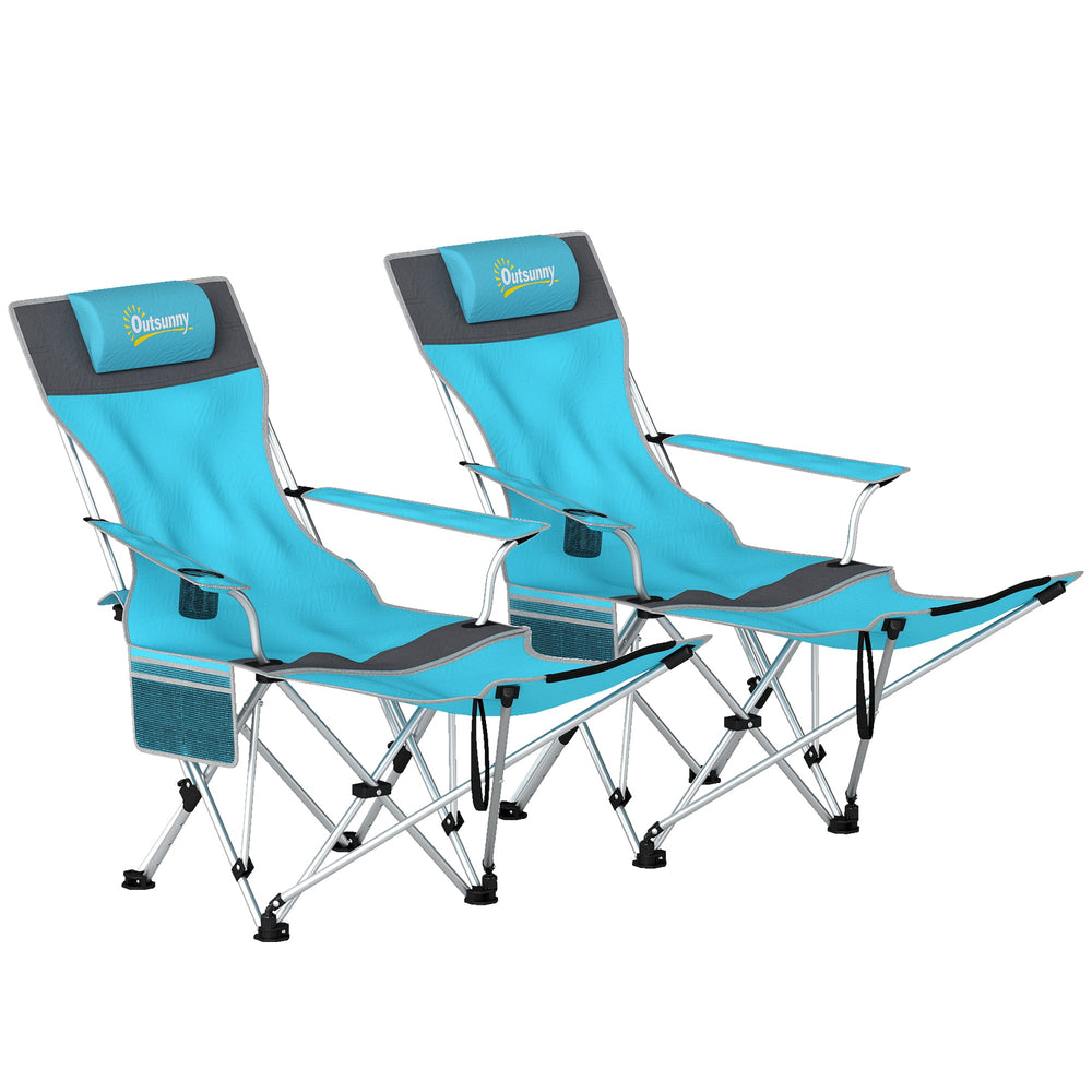 Outsunny Set of 2 Reclining Folding Camping Chair w/ Detachable Footrest, Storage Bag, Cup Holder & Headrest, Blue and Grey
