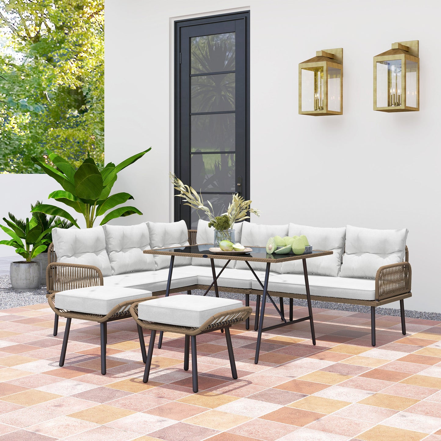 Outsunny 6 Piece Rattan Garden Furniture Set, 8 Seater Garden Corner Sofa with Cushions and Glass Top Table, Sectional Outdoor Furniture Conservatory Set for Patio, Cream White