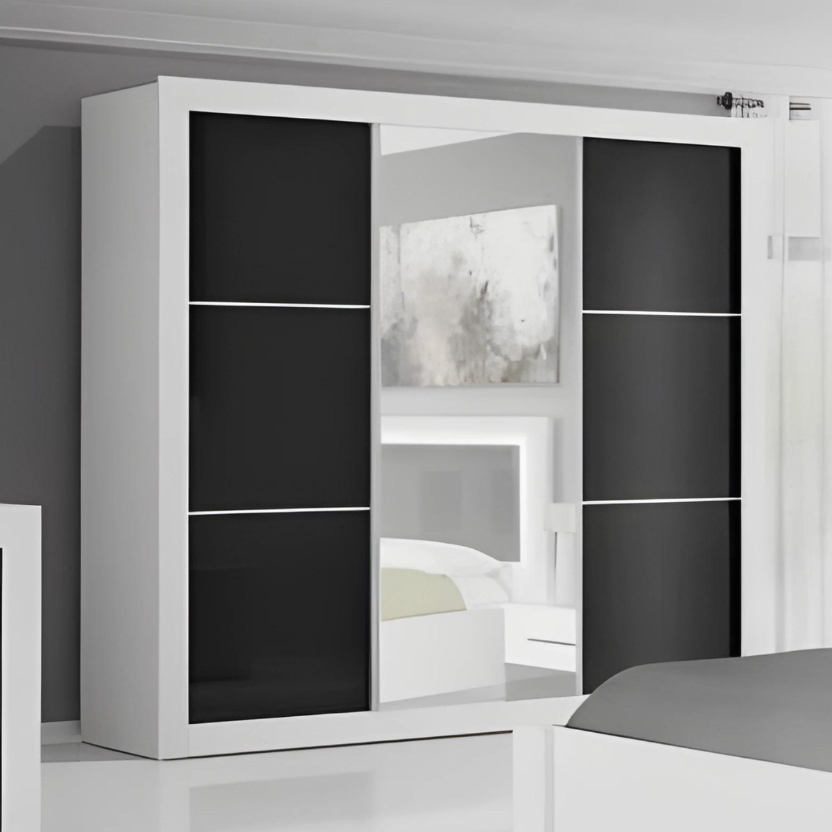 Riko 3-Door Mirrored Sliding Wardrobe 250cm - White Matt & Black Gloss