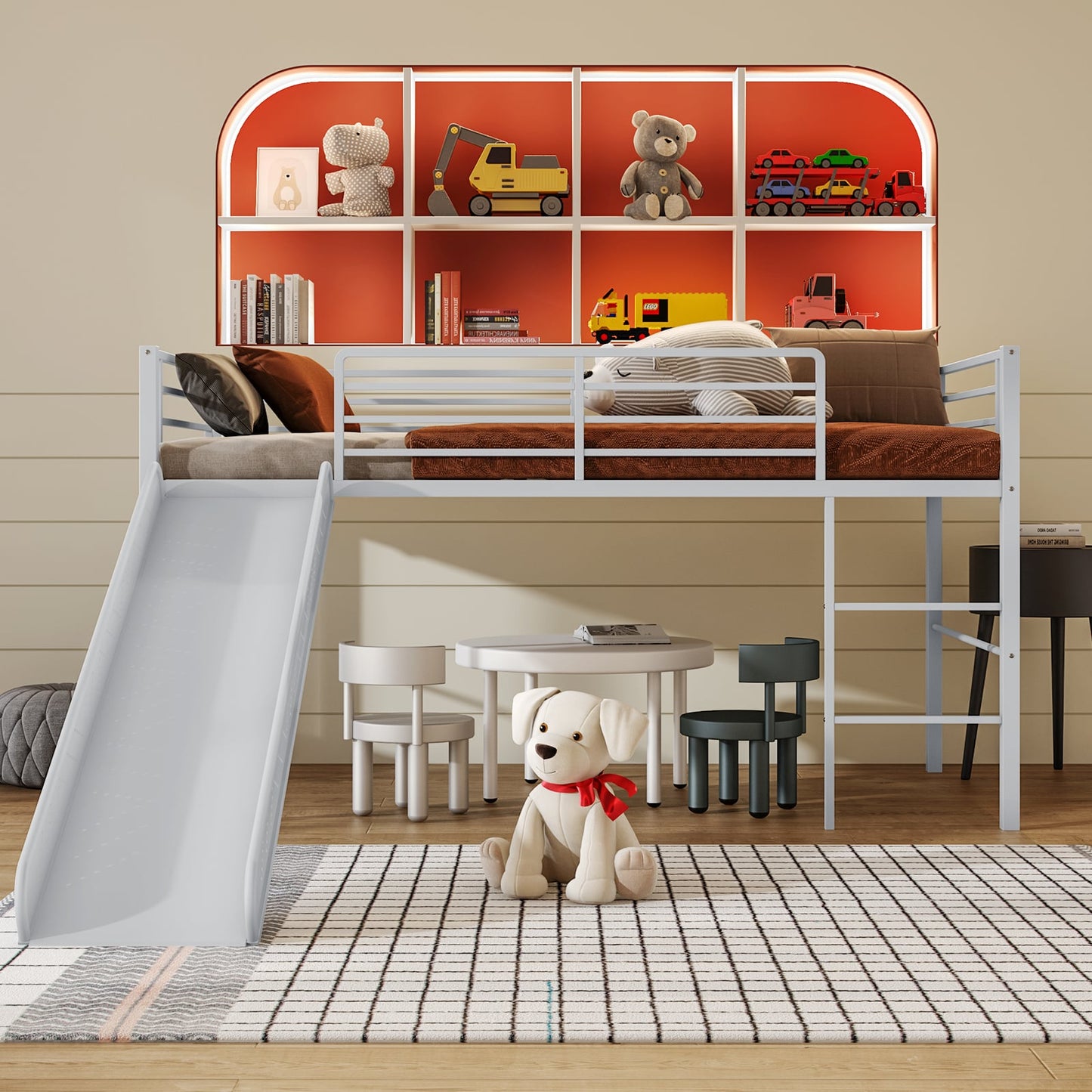 Sliding Loft Children Single Bed with Stairs and Safety Guardrails-Silver