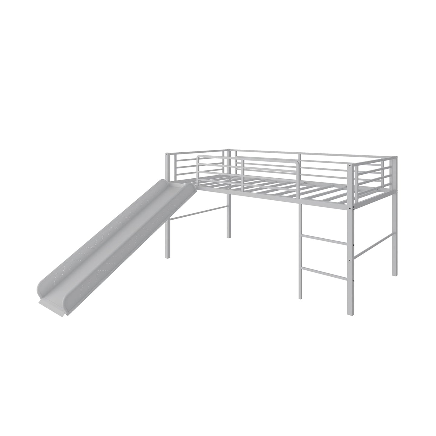 Sliding Loft Children Single Bed with Stairs and Safety Guardrails-Silver