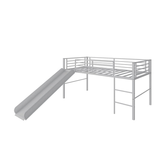 Sliding Loft Children Single Bed with Stairs and Safety Guardrails-Silver