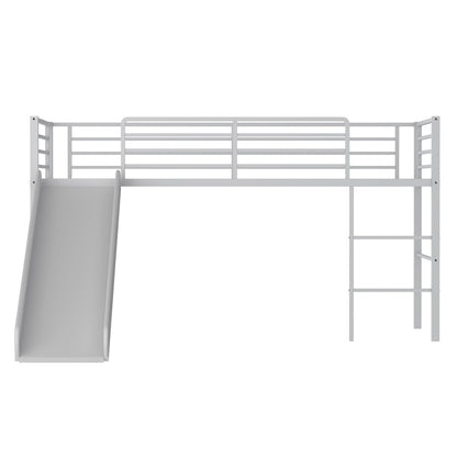 Sliding Loft Children Single Bed with Stairs and Safety Guardrails-Silver