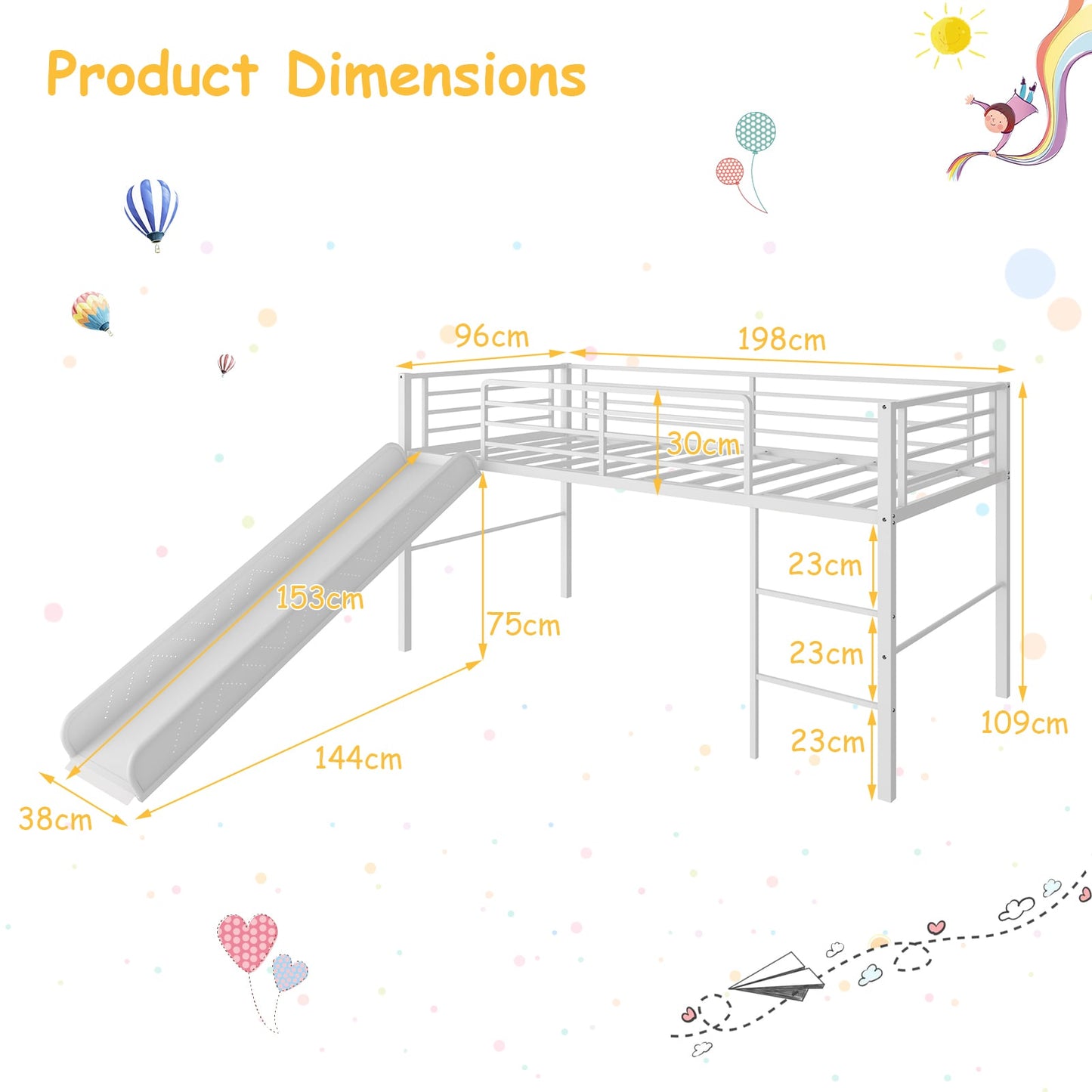 Sliding Loft Children Single Bed with Stairs and Safety Guardrails-Silver