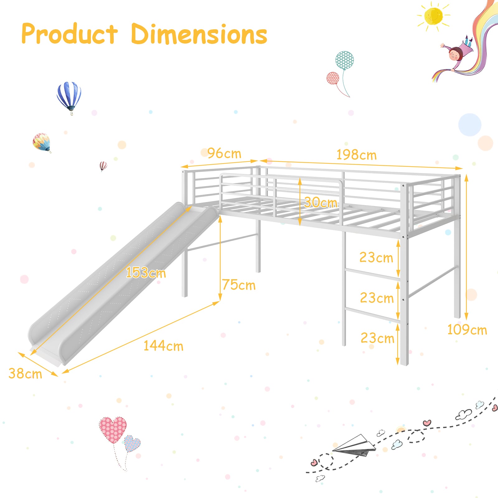 Sliding Loft Children Single Bed with Stairs and Safety Guardrails-Silver