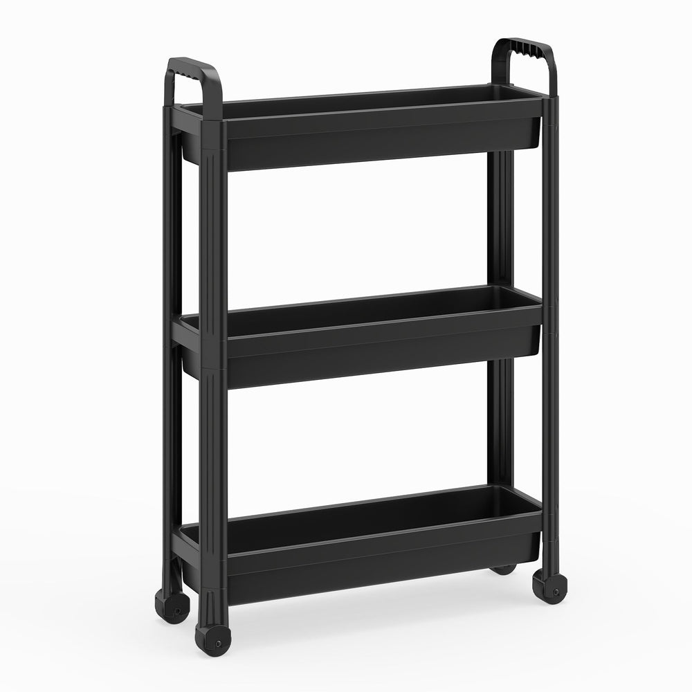 Slim Rolling Storage Cart 3-Tier Bathroom Organizer with Handles and Wheels-Black