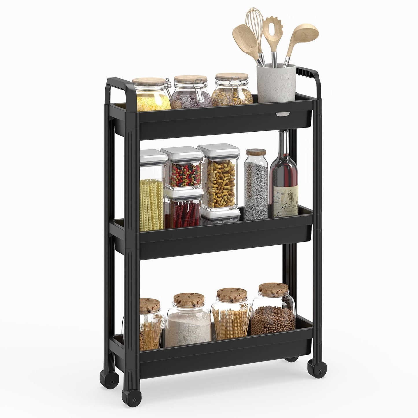 Slim Rolling Storage Cart 3-Tier Bathroom Organizer with Handles and Wheels-Black