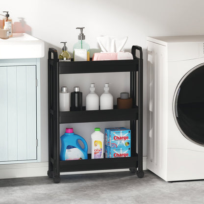 Slim Rolling Storage Cart 3-Tier Bathroom Organizer with Handles and Wheels-Black