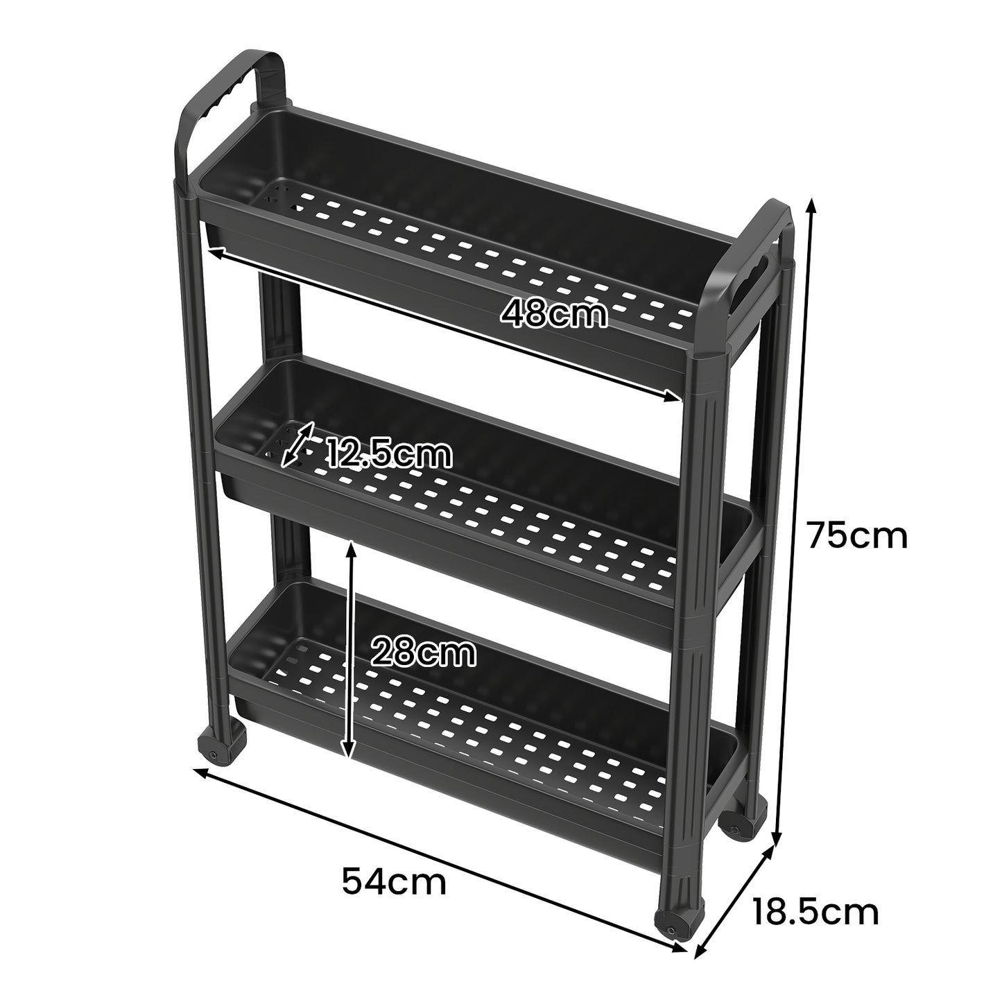 Slim Rolling Storage Cart 3-Tier Bathroom Organizer with Handles and Wheels-Black