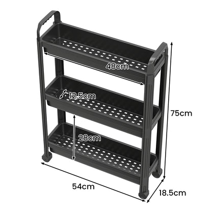 Slim Rolling Storage Cart 3-Tier Bathroom Organizer with Handles and Wheels-Black