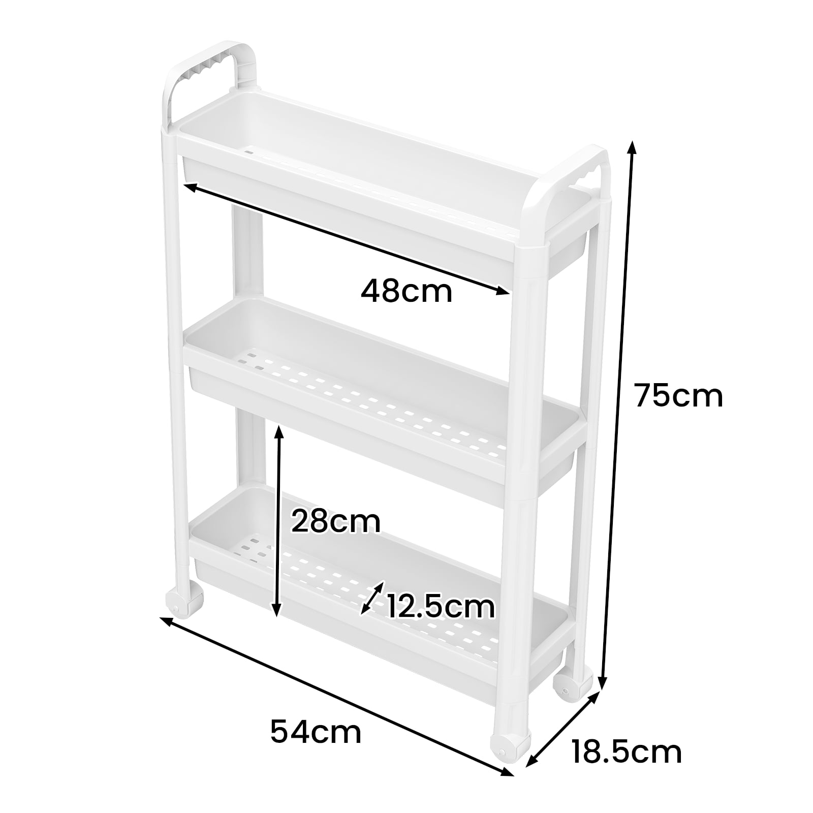 Slim Rolling Storage Cart 3-Tier Bathroom Organizer with Handles and Wheels-White