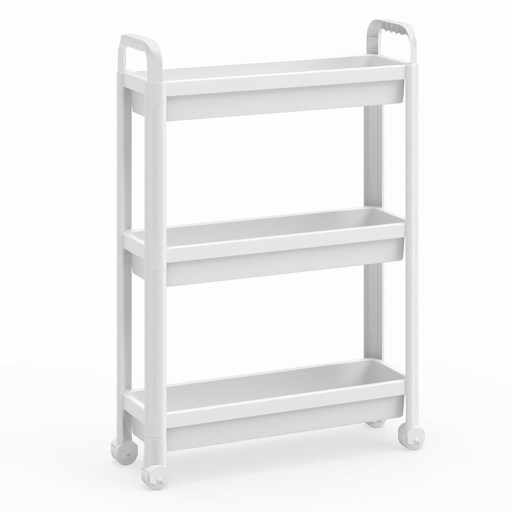 Slim Rolling Storage Cart 3-Tier Bathroom Organizer with Handles and Wheels-White