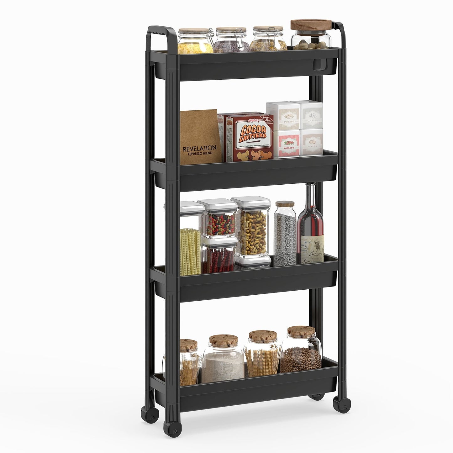 Slim Rolling Storage Cart 4-Tier Bathroom Organizer with Handles-Black