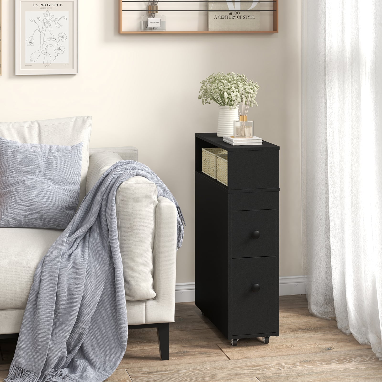 Slim Bathroom Storage Cabinet Movable with 2 Drawers and Baskets-Black