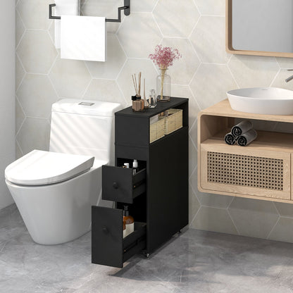 Slim Bathroom Storage Cabinet Movable with 2 Drawers and Baskets-Black