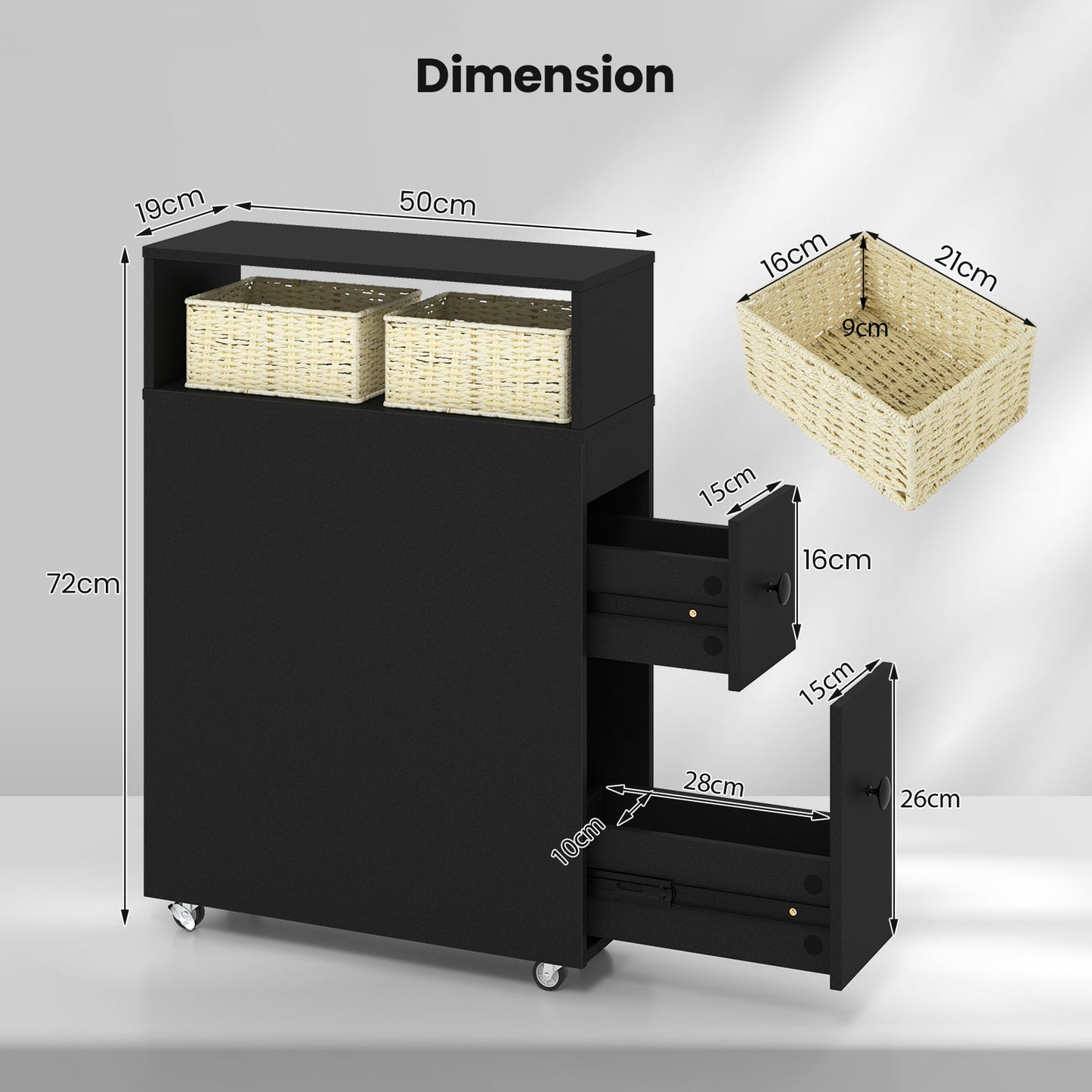 Slim Bathroom Storage Cabinet Movable with 2 Drawers and Baskets-Black