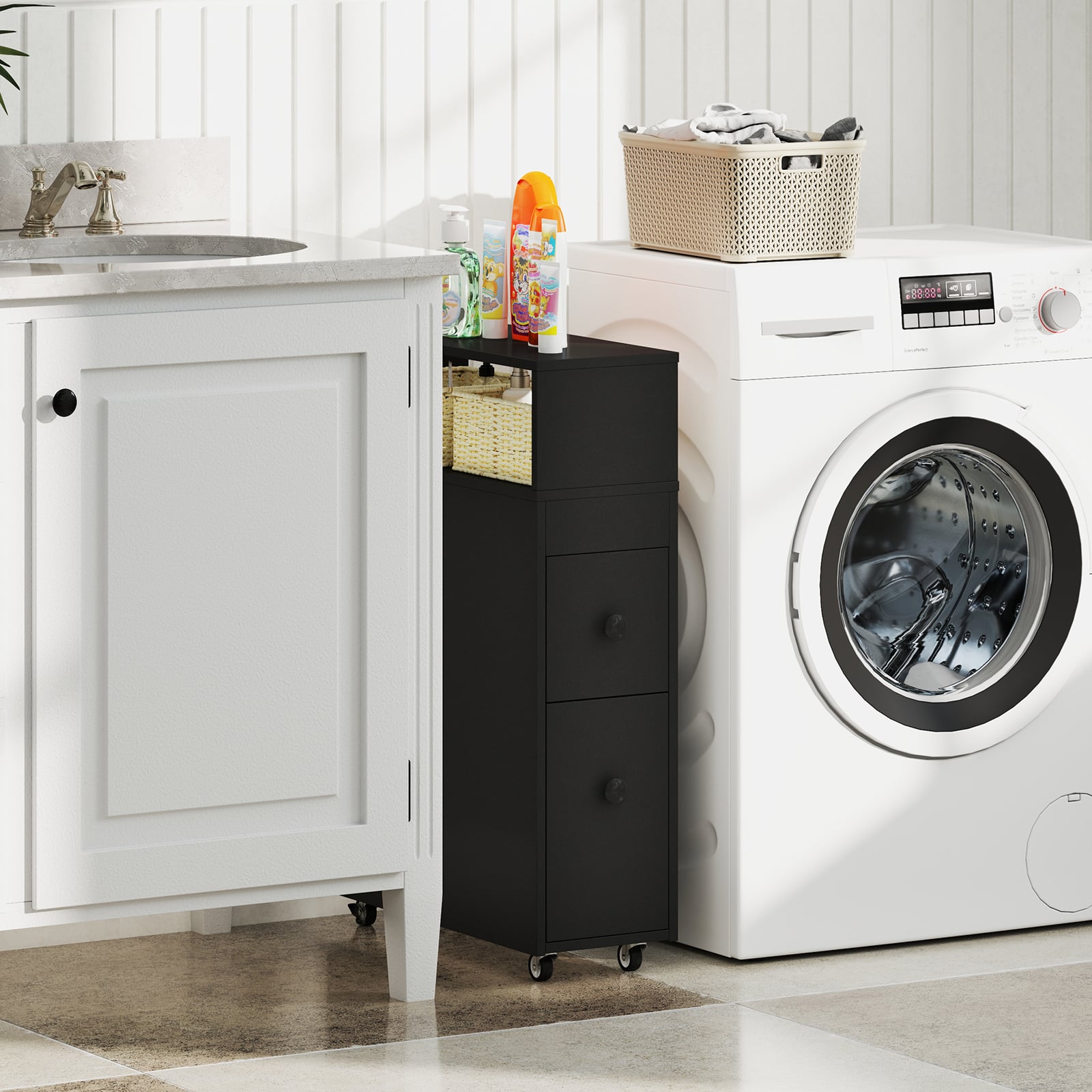 Slim Bathroom Storage Cabinet Movable with 2 Drawers and Baskets-Black