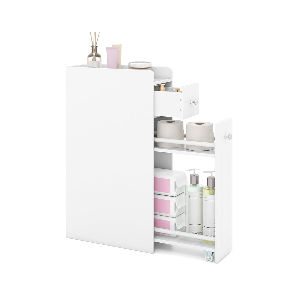 Small Bathroom Storage Cabinet 4-Tier Narrow Toilet Side Storage Cabinet with Slide Out Drawers on Casters-White