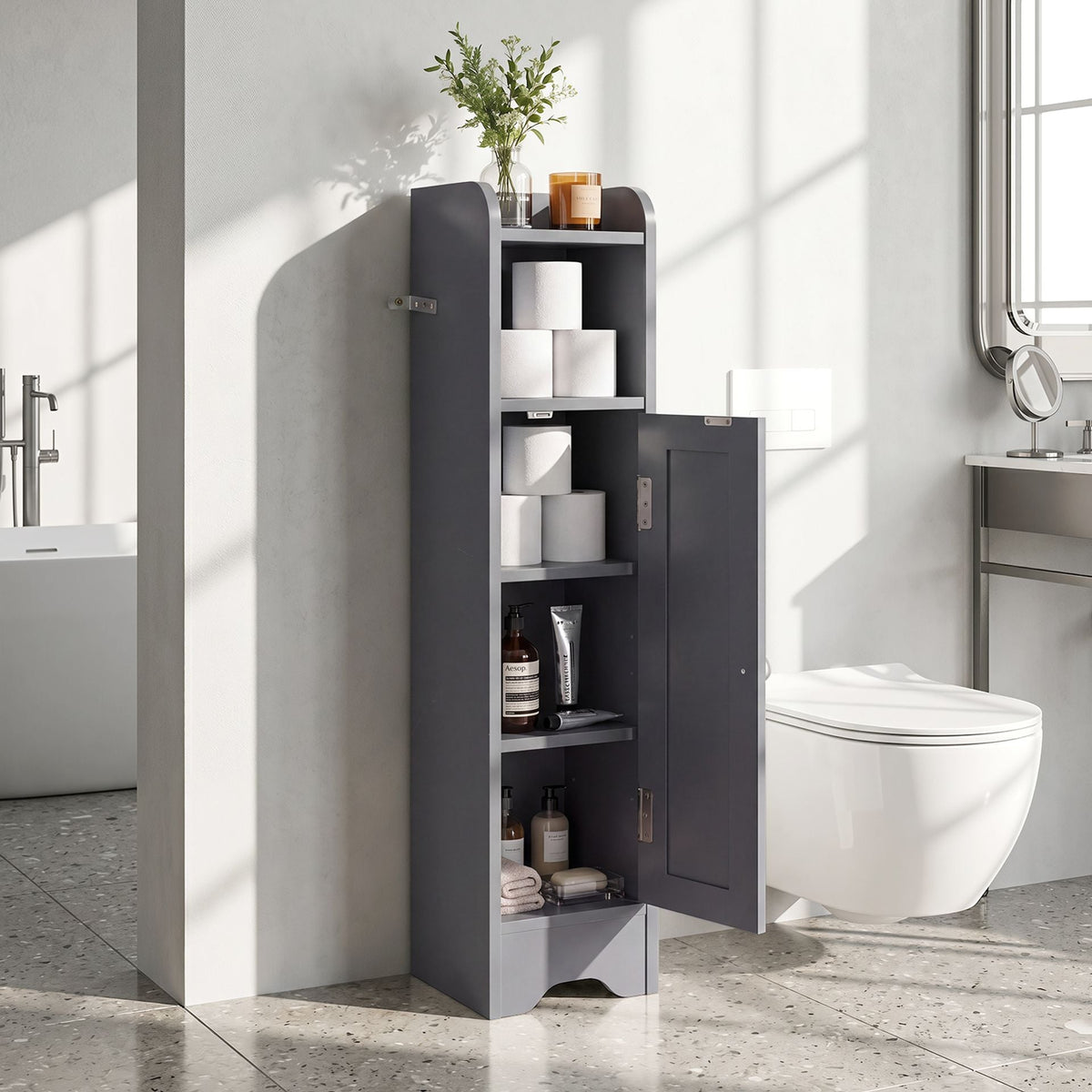 Small Bathroom Storage Cabinet with Door and Adjustable Shelves-Grey