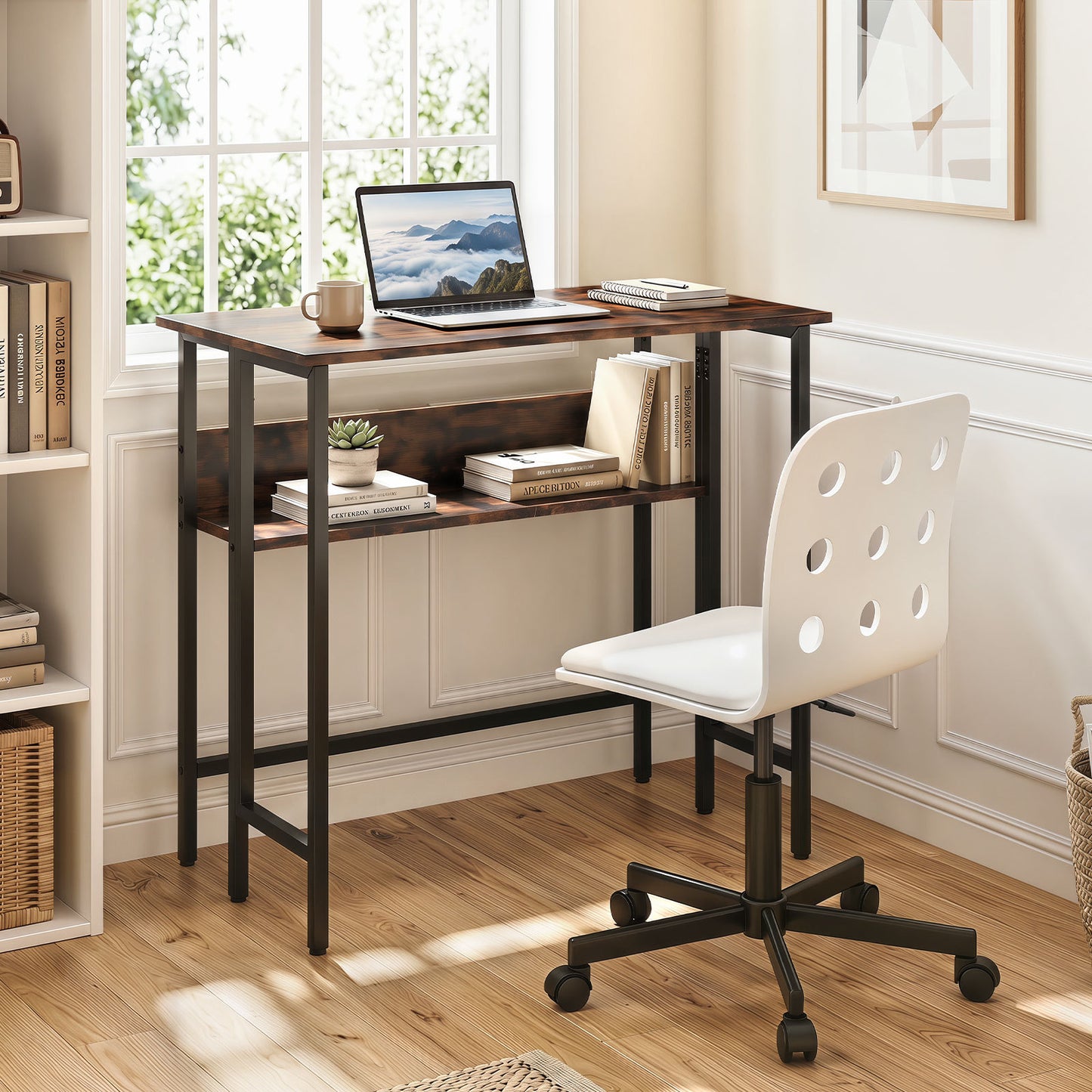Small Folding Desk 80 CM with Storage Shelf & Drop Leaf for Home Office-Rustic Brown