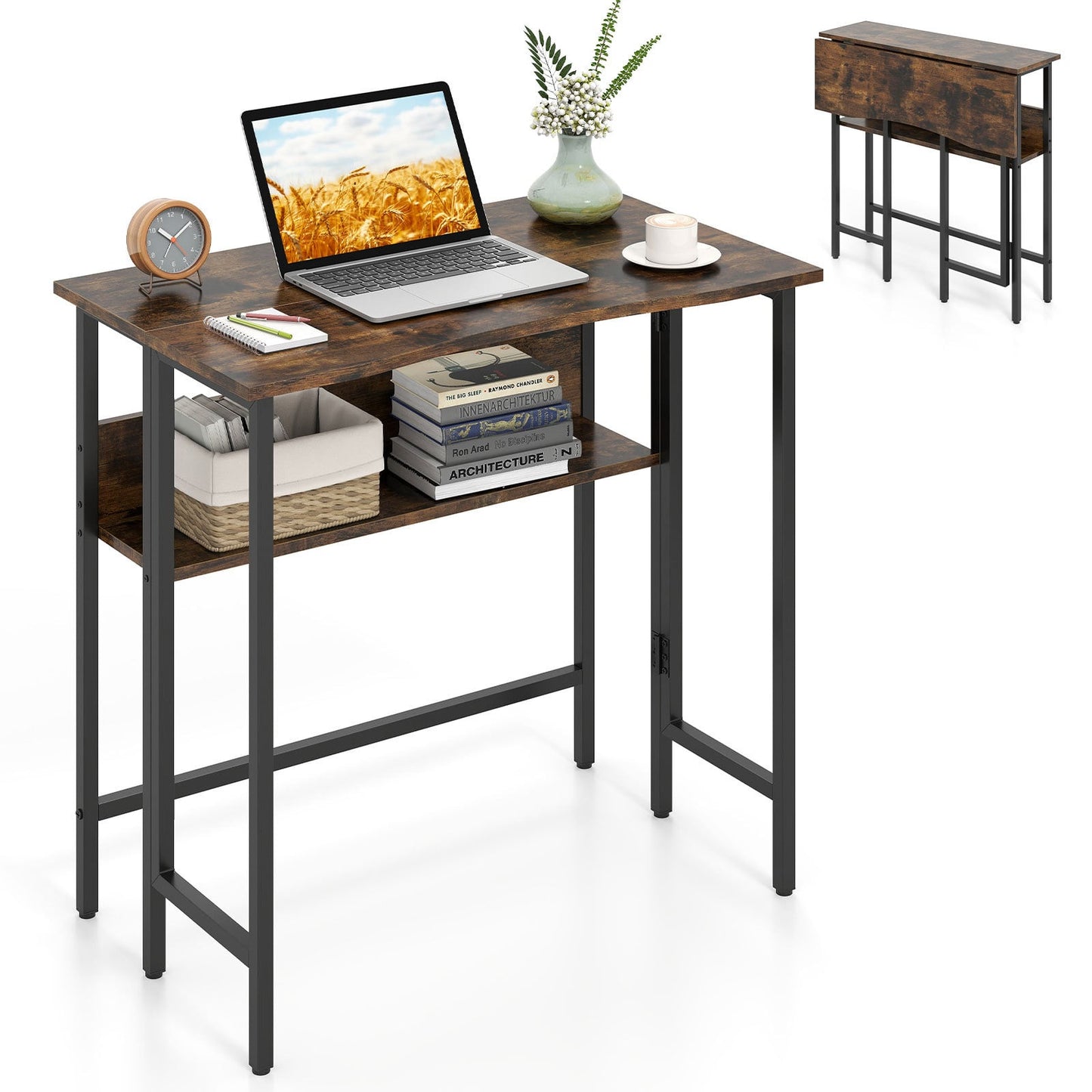 Small Folding Desk 80 CM with Storage Shelf & Drop Leaf for Home Office-Rustic Brown