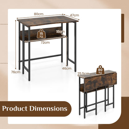 Small Folding Desk 80 CM with Storage Shelf & Drop Leaf for Home Office-Rustic Brown