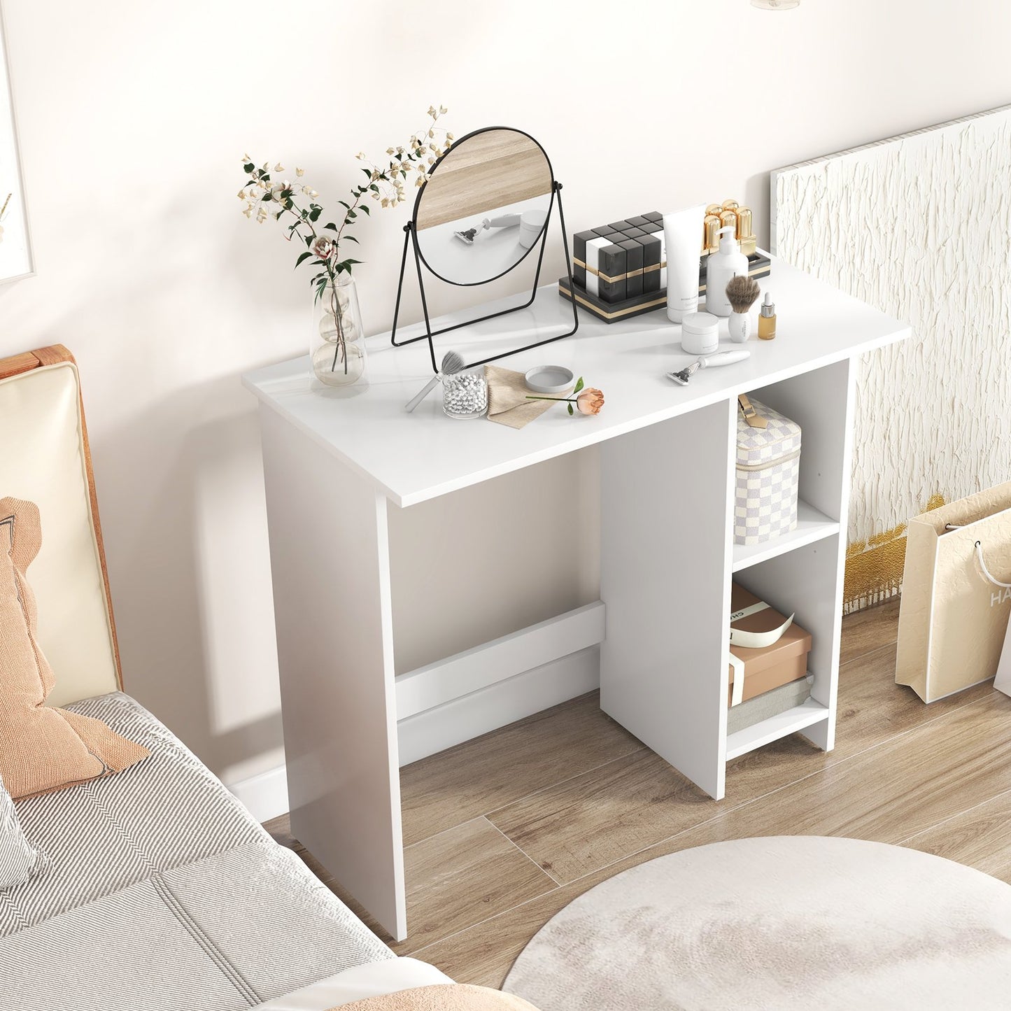 Small Computer Desk with Storage and Adjustable Shelf-White