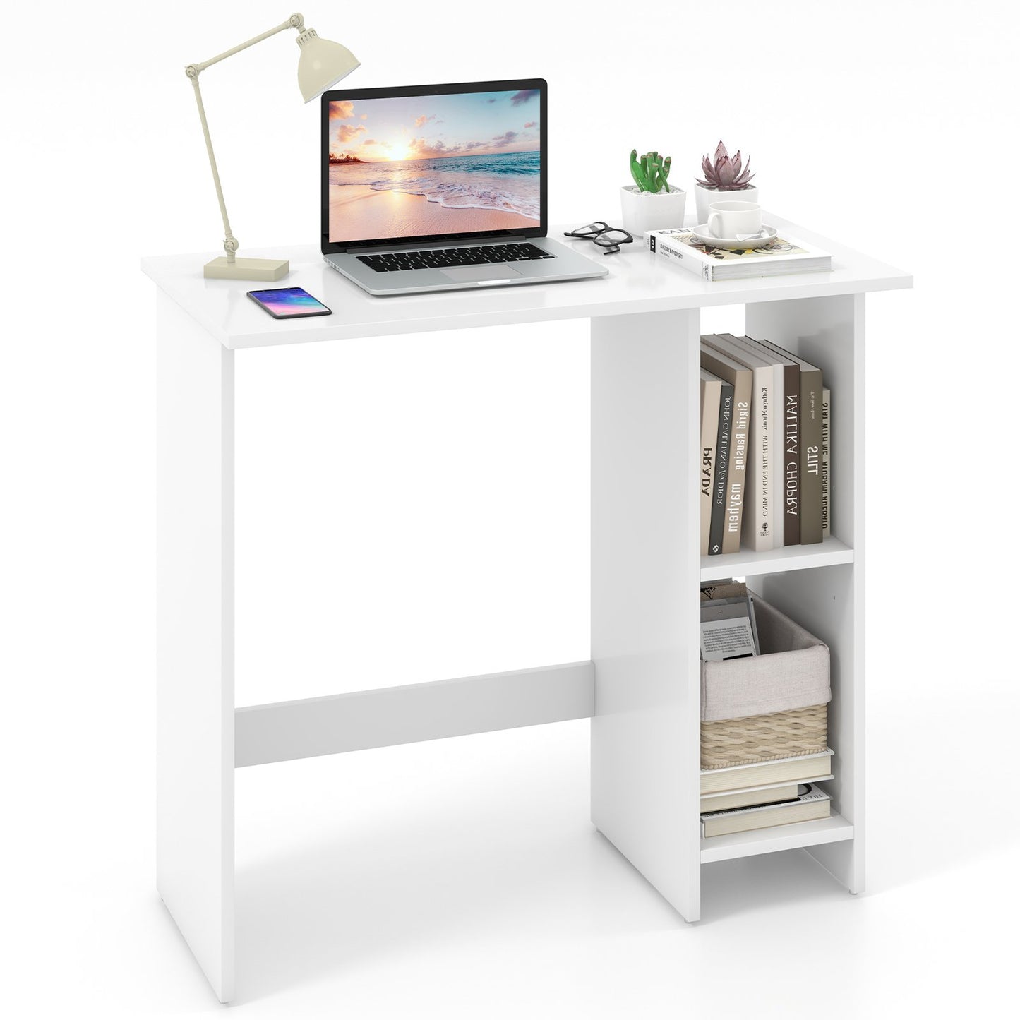 Small Computer Desk with Storage and Adjustable Shelf-White