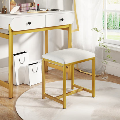 Small Makeup Chair with Soft Padded Cushion and Golden Metal Legs-White & Golden