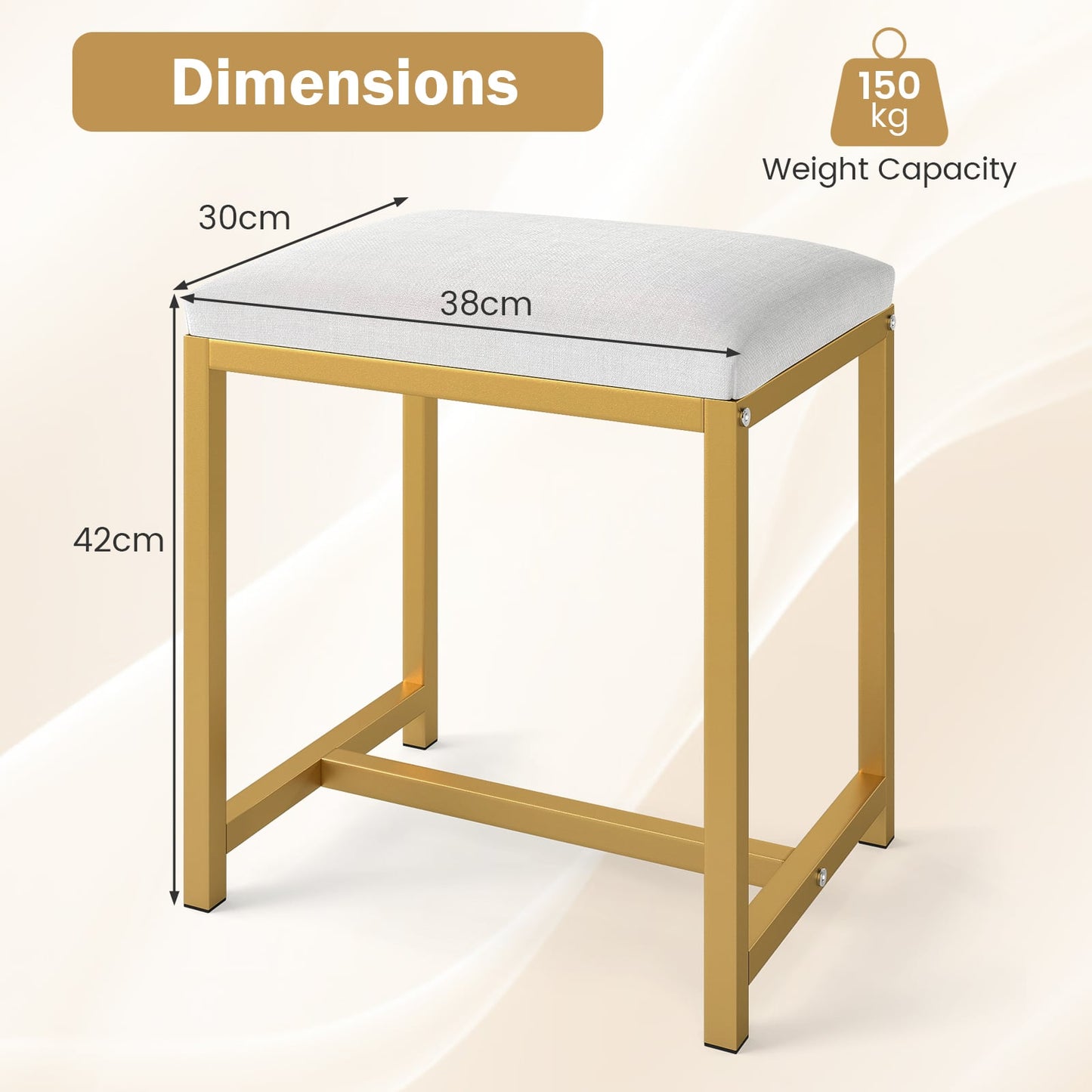 Small Makeup Chair with Soft Padded Cushion and Golden Metal Legs-White & Golden