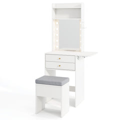 Small Makeup Vanity Desk with Mirror and Lights with Charging Station-White