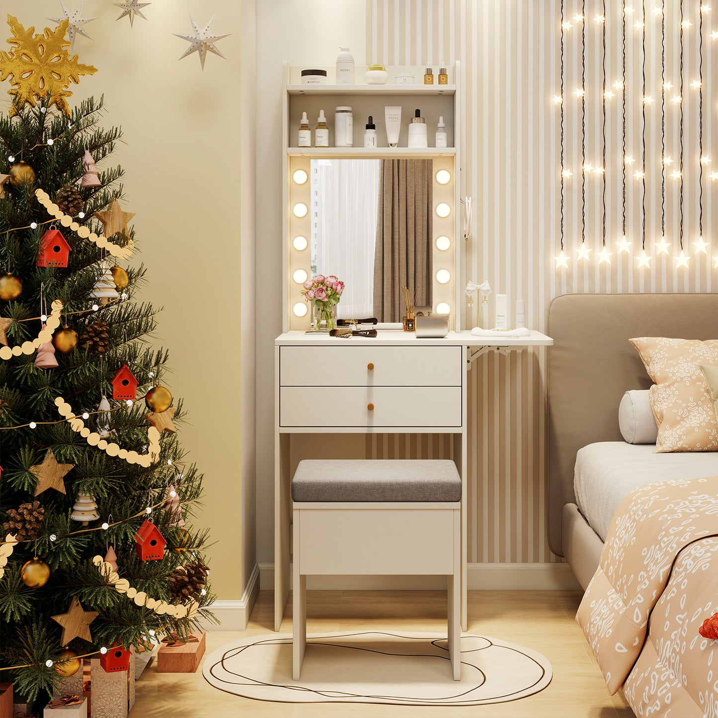 Small Makeup Vanity Desk with Mirror and Lights with Charging Station-White