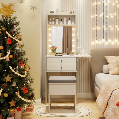Small Makeup Vanity Desk with Mirror and Lights with Charging Station-White
