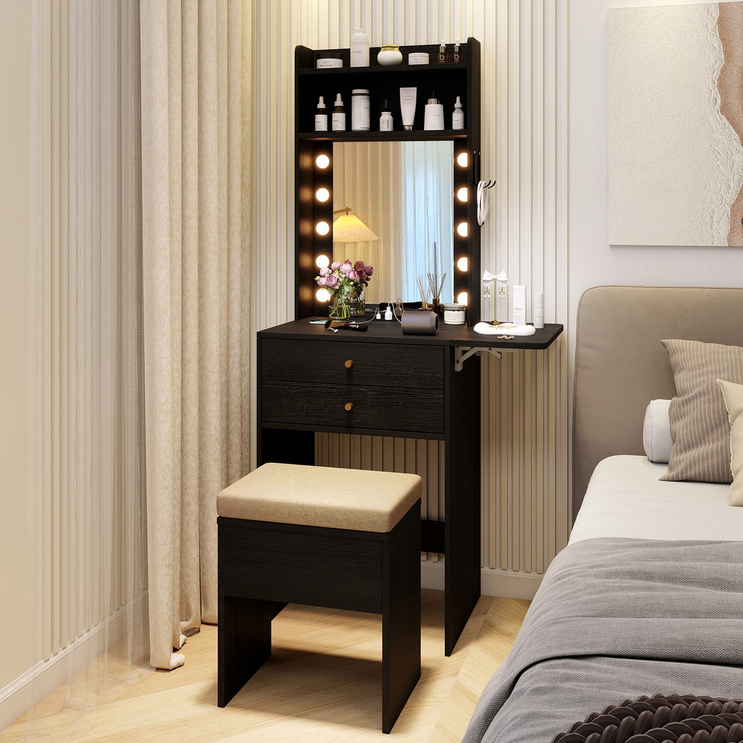 Small Makeup Vanity Desk with Mirror and Lights with Charging Station-Black