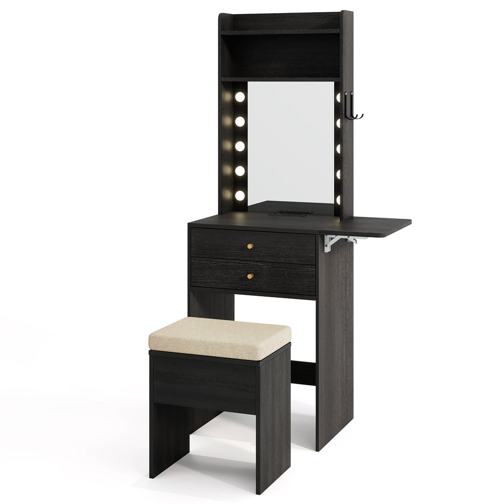 Small Makeup Vanity Desk with Mirror and Lights with Charging Station-Black