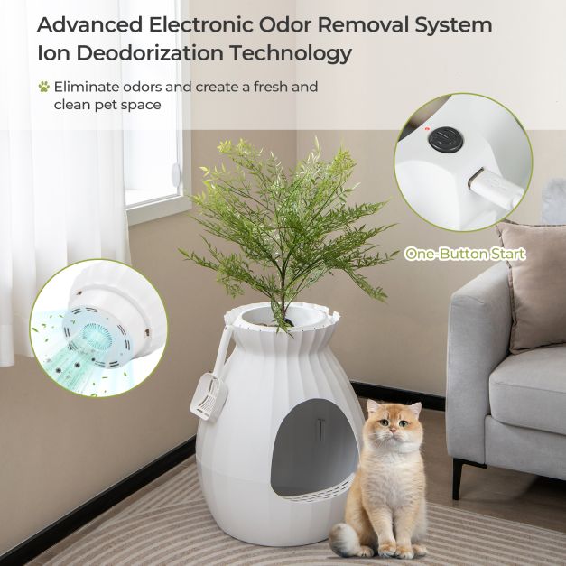 Smart Plant Cat Litter Box with Electronic Odor Removal and Sterilization-White
