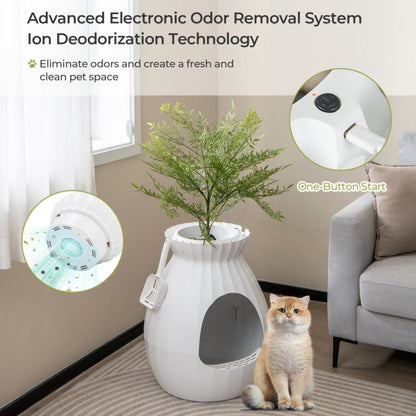 Smart Plant Cat Litter Box with Electronic Odor Removal and Sterilization-White