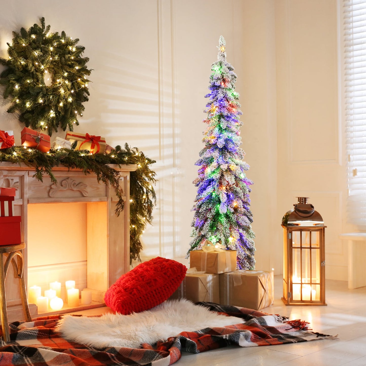 Snow-Flocked Slim Pencil Christmas Tree with 11 Lighting Modes-5FT