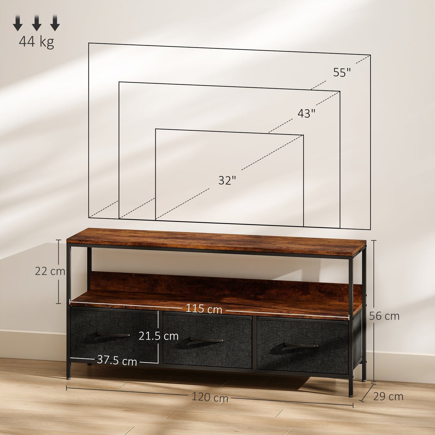 HOMCOM TV Stand Cabinet with 3 Foldable Drawers - Rustic Brown