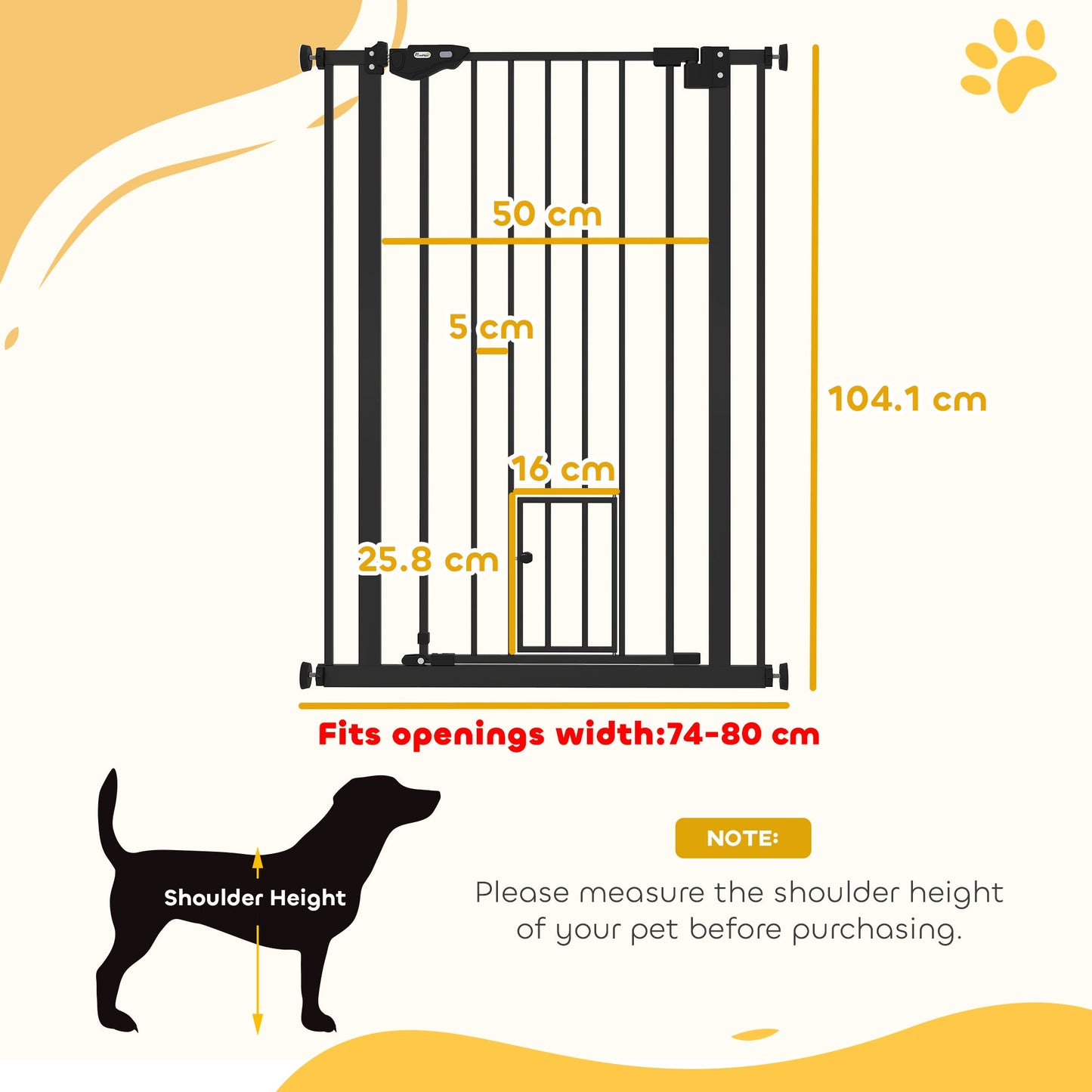 PawHut Extra Tall Pet Gate, Indoor Dog Safety Gate, with Cat Flap, Auto Close, 74-80cm Wide - Black
