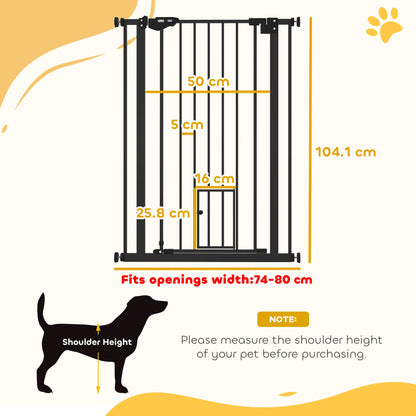 PawHut Extra Tall Pet Gate, Indoor Dog Safety Gate, with Cat Flap, Auto Close, 74-80cm Wide - Black