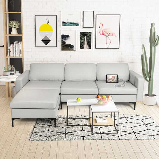 Modular L-shaped Sofa with Chaise, Reversible Ottoman, Built-in Socket-Light Grey