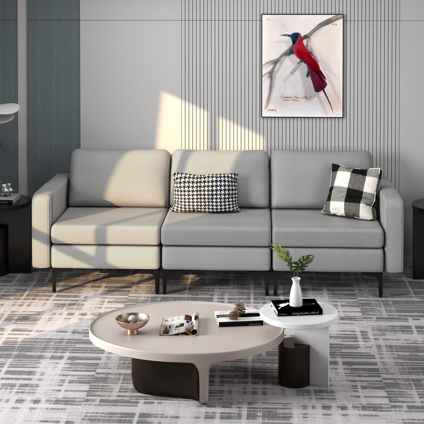 3-Seat Sofa with Magazine Caddy Holder, Socket and USB Charging Ports-Light Grey