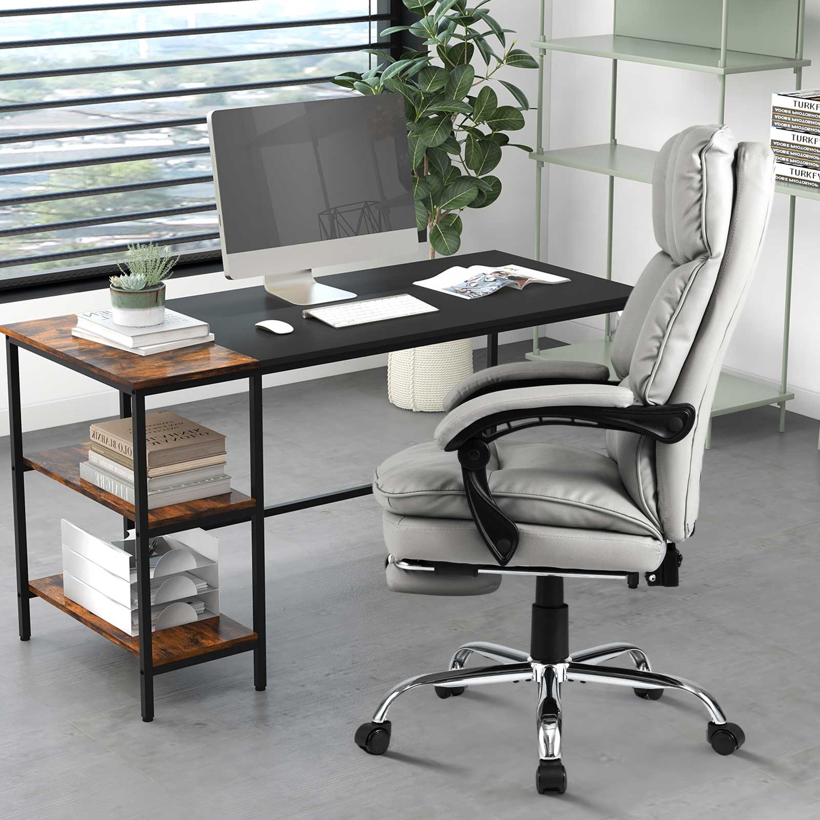 Soft Padded Office Chair Ergonomic Adjustable Reclining Computer Chair with Retractable Footrest-White