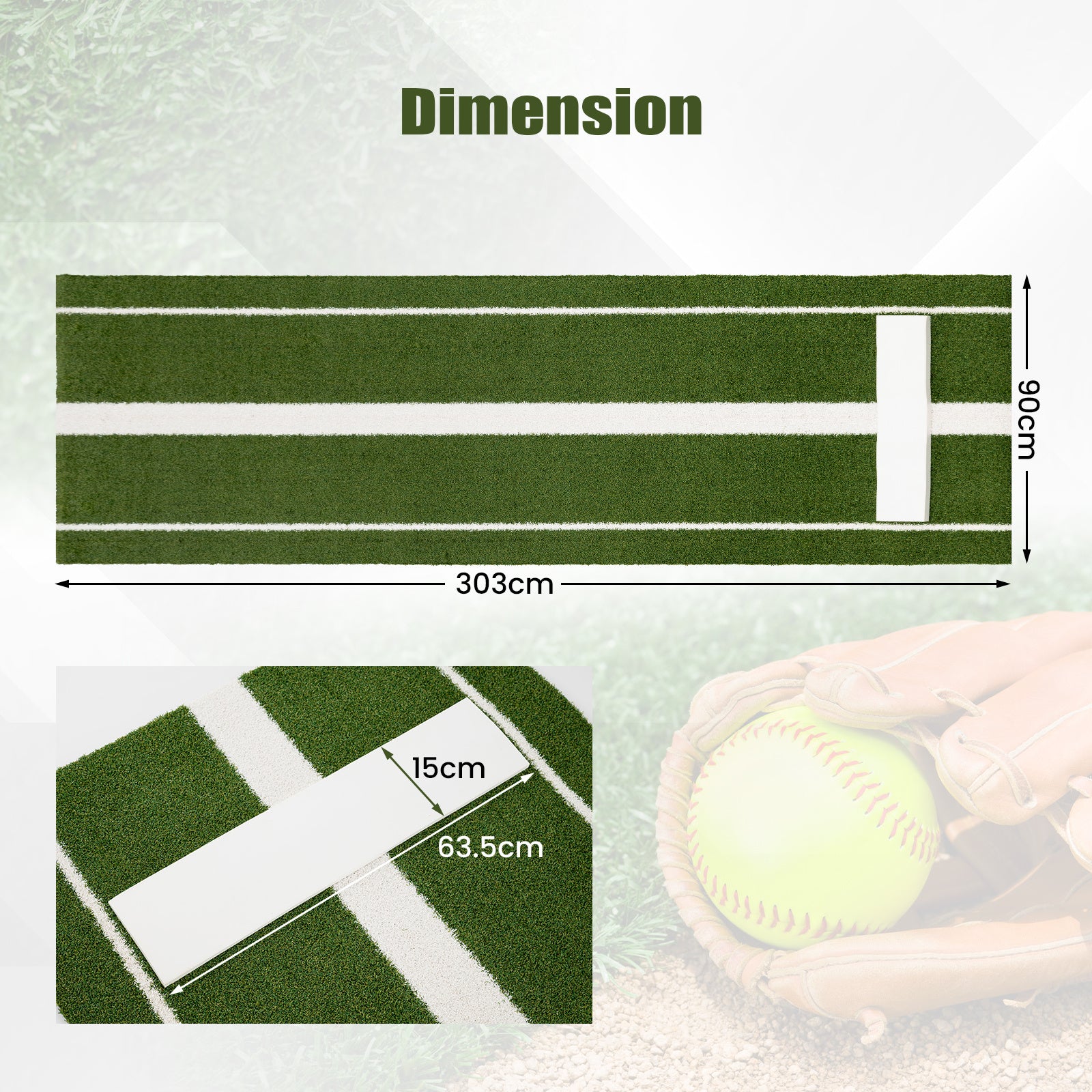Softball Pitching Mat 10 x 3 FT Softball Training Aid with Pitching Mound-Green