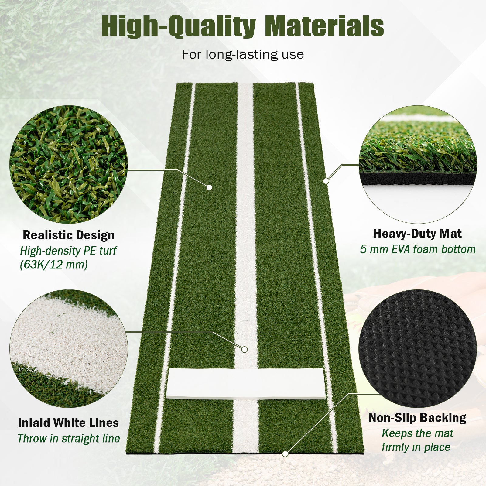 Softball Pitching Mat 10 x 3 FT Softball Training Aid with Pitching Mound-Green