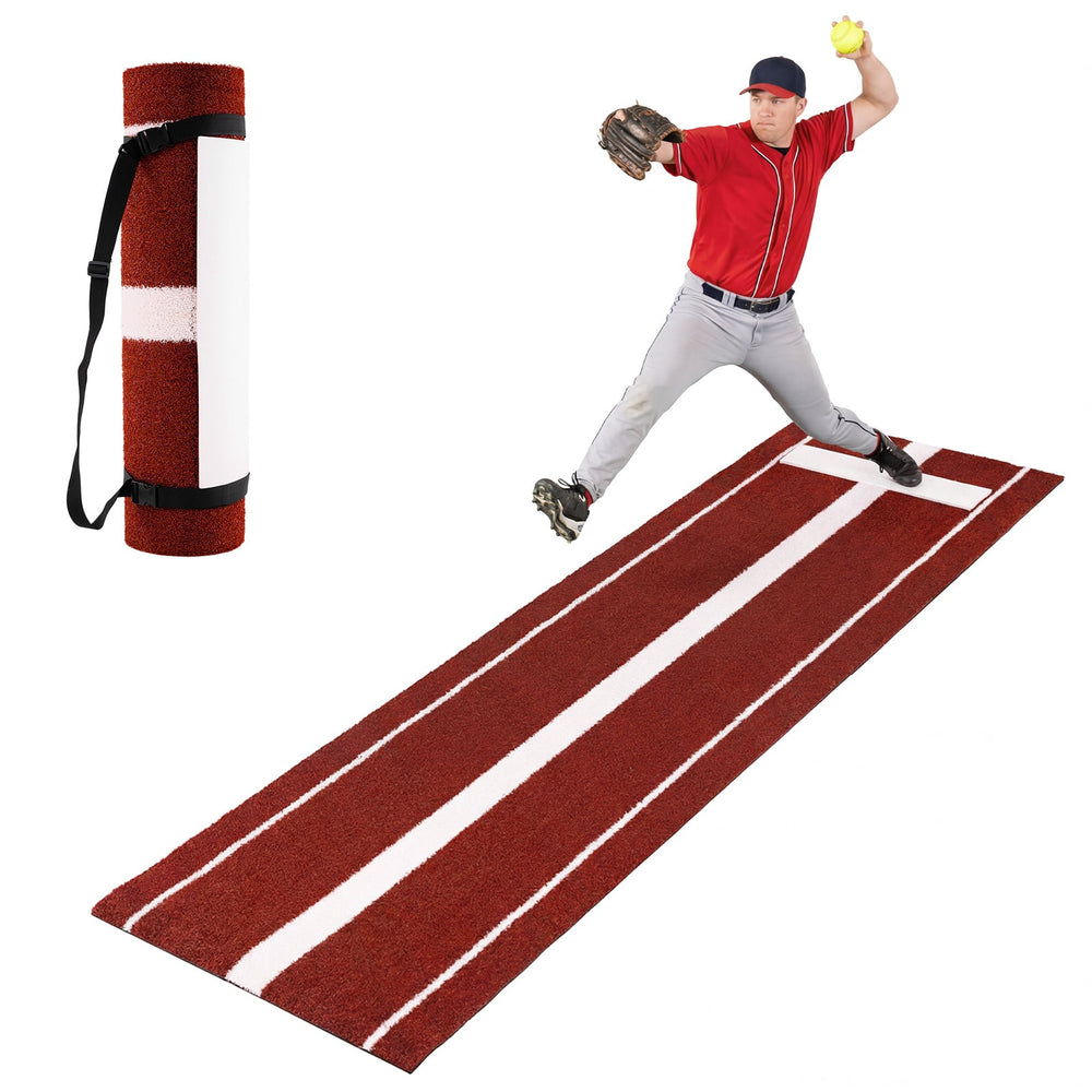 Softball Pitching Mat 10 x 3 FT Softball Training Aid with Pitching Mound-Red