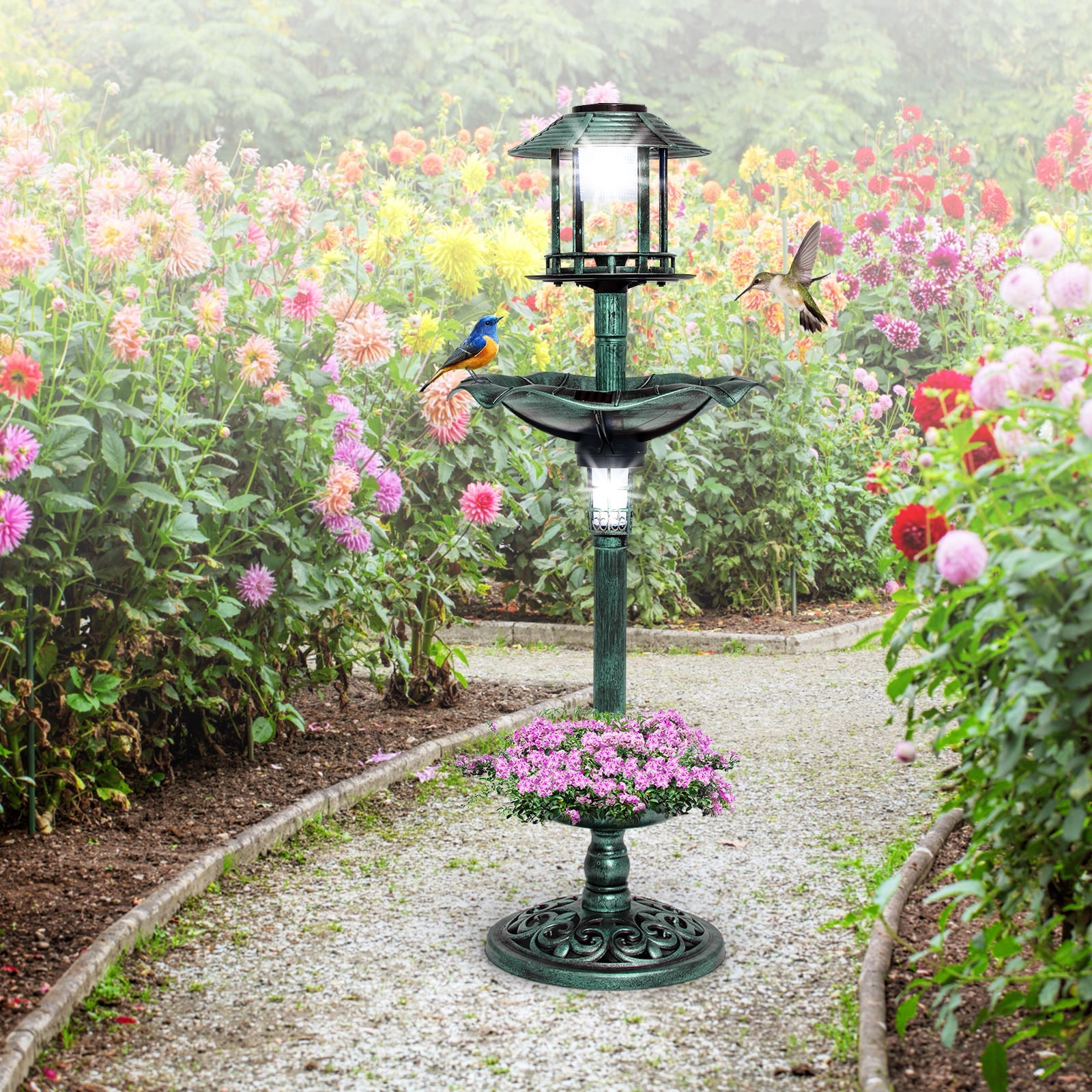 Antique Lighted Birdbath and Feeder Combo with 2 Solar-powered Lamps-Green